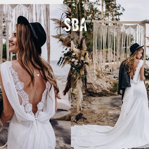 Beach boho wedding dress with lace trim back, simple open back crepe chiffon bridal dress with train, beach wedding dress |  Cadence