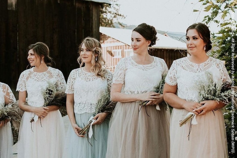 Boho Bridesmaids separates, Rustic bridesmaids dresses, Belle Lace Bridesmaid Separates, Bridesmaid Lace Tops, Bridesmaid Long Tulle Skirts image 3