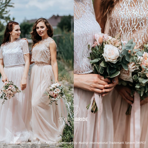 Glitter Bridesmaid Separates, Glitter Waves Crop Tops with Waterfall Tulle Skirts, Glitter Bridesmaid Dresses