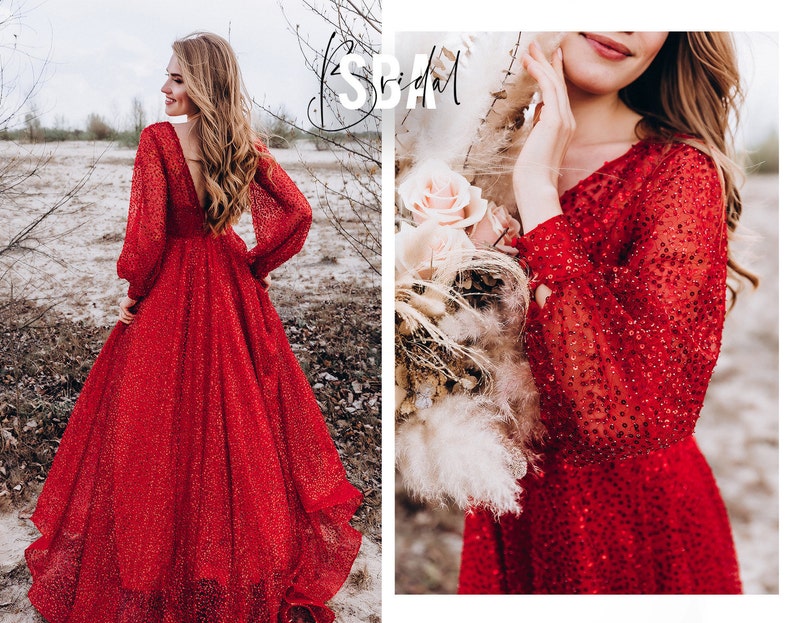 Red wedding dress with sequins and beads red bridal gown red Etsy