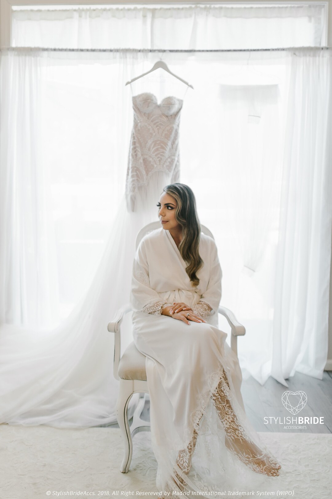 Bridal Silk Robe With Lace Train Floor Length, Silk and Lace Bridal
