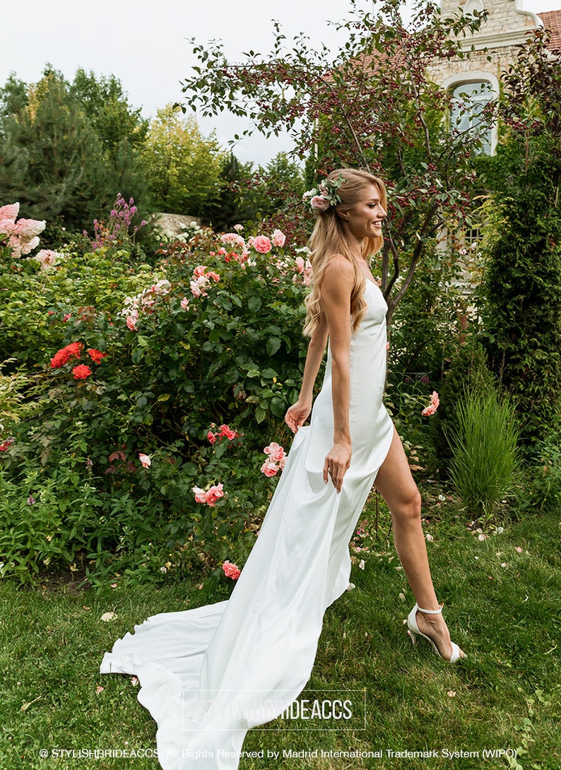 Elegance: Hi-Quality Bridal Silk Satin Slip Dress with Deep V Open Back and Train, Ivory Slip Wedding Dress by Stylishbrideaccs image 2