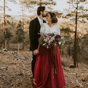 Belle Wine Dress Tulle Set Lace Crop Top with Sleeves and Tulle skirt long, Lace Crop Top, Bridesmaids Dress, Tulle Dark Red Burgundy Skirt