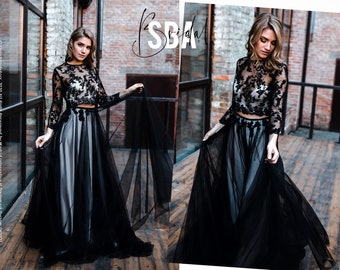 Albertine Black Bridal Tulle Maxi Dress Boho Shadow skirt Black Bridal Separates Black Floral Lace Wedding Gown Gothic Wedding Dress