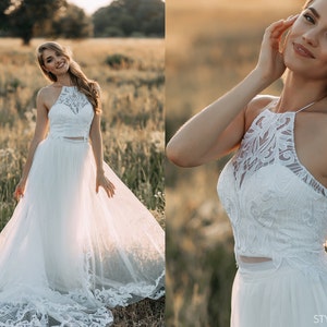 Gloria Halter Sleeveless Bridal Separates - 3 pieces set: Tulle Skirt with Lace Overskirt and Lace Top Sweetheart Bustier, Handmade SBA