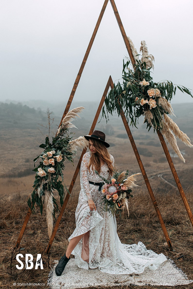 Wedding Arch, Boho Wedding decor, Triangle Wedding Arch, Boho decor, Backdrop Rustic arch, Wooden A-Frame Wedding Arbor, Outdoor decoration image 10