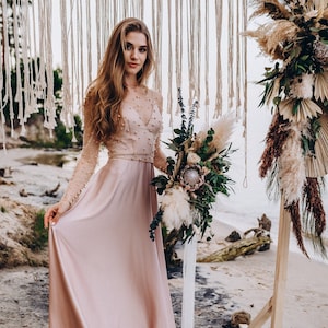 Pearl top with silk slip dress, pearl bridal dress, prom engagement pearled dress long sleeve plus size | ARIEL MAXI