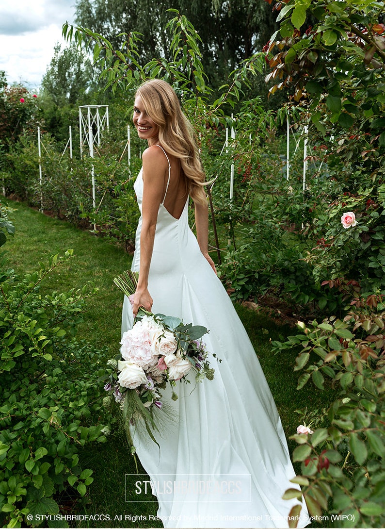 Elegance: Hi-Quality Bridal Silk Satin Slip Dress with Deep V Open Back and Train, Ivory Slip Wedding Dress by Stylishbrideaccs image 4