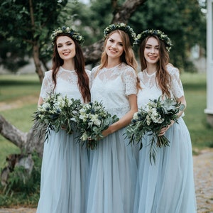 Dusty Blue Boho Bridesmaids Separates: Rustic Bridesmaid Dresses, Dusty Blue Waterfall Tulle Skirt and Belle Lace Top Available in Plus Size image 2