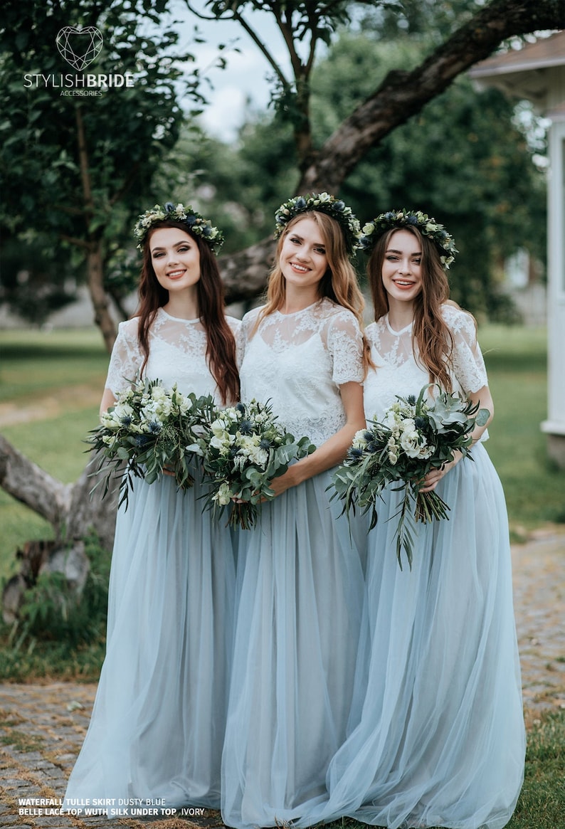 Dusty Blue Boho Bridesmaids Separates: Rustic Bridesmaid Dresses, Dusty Blue Waterfall Tulle Skirt and Belle Lace Top Available in Plus Size image 2