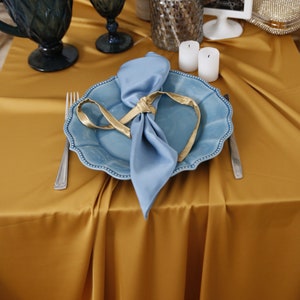 Holiday Table Runner and Napkins - Satin Table Napkins & Table Cloth in soft silky satin, Dusty Blue Wedding Napkins, Bronze Tablecloth