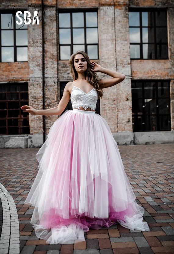 Magic Ombre Pink Tulle Bridal Dress Ivory Pink Wedding Ombre Tulle Skirt Bridal Thin Strapped Glitter Top star Etsy UK