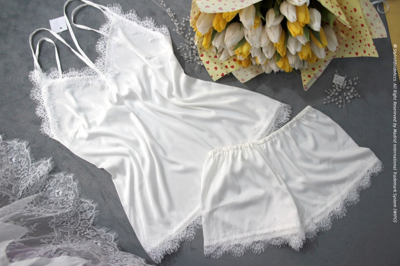 Wedding pajamas lace silk set, bridal pajama set, bridesmaids pajamas, bride silk lace top and shorts image 1