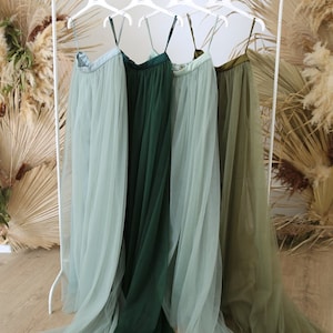 Sage Green Palette Long Tulle Skirt, Green Bridesmaids Tulle Skirts, Bridesmaids Dusty Green Rustic Dresses | Waterfall