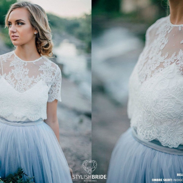 Belle geknöpftes Spitzen-Crop-Top für Hochzeiten, weißes oder elfenbeinfarbenes Spitzen-Crop-Top-Tops, Verlobungs-Spitzen-Top in Übergröße