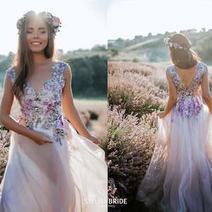 24 colors Lavender Dream 3D Lace Tulle Flower Bridal Dress - 2 pieces, Botanical Floral Wedding Dress