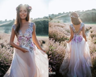 purple and white wedding dress