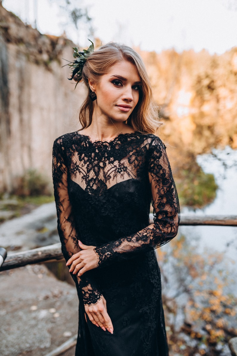 Floral Lace black wedding dress with deep v-back, black lace bridal dress long sleeves plus size Botanical Floral Wedding Dress Rosaleen image 3