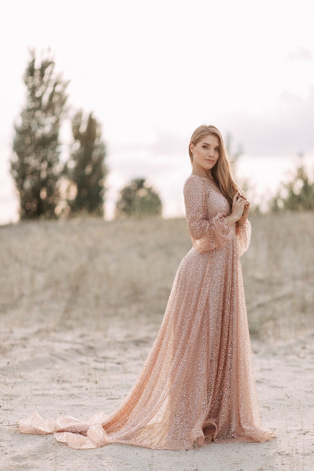 Rose Gold Bridal Dress - Sequin Rose Gold Wedding Gown 