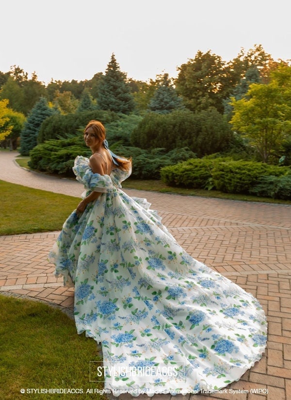 Blue Floral Printed Organza Off Shoulder Maxi Wedding Botanical Dress With Slit - Long Train & Silk Bow As A Gift | Blue Garden