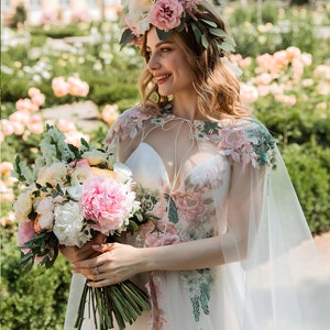 Blush-Sage Green Garden Bridal Cape with Floral Lace Appliques | Garden of Love Cape