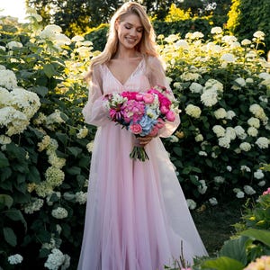 Pink Blush Glitter Tulle Maxi Dress with Lantern Sleeves, Pink Blush Glitter Long Dress  - 3 pieces set |  Ellie Dress