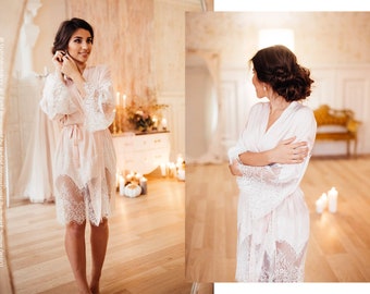 Biscuit blush pink tone bridal silk robe, pink bridal party gifts, blush silk satin robe,  bridal lace robes | Tenderness