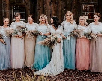 Boho Bridesmaids separates, Rustic bridesmaids dresses, Belle Lace Bridesmaid Separates, Bridesmaid Lace Tops, Bridesmaid Long Tulle Skirts