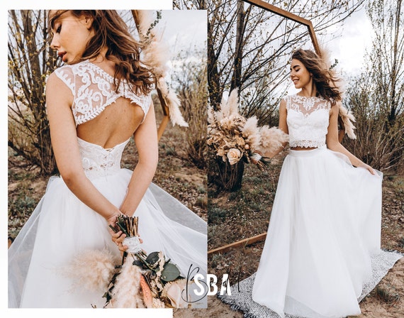 a line wedding dress with tulle skirt