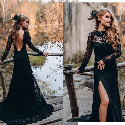 Floral Lace Black Wedding Dress With Deep V-back Black Lace - Etsy
