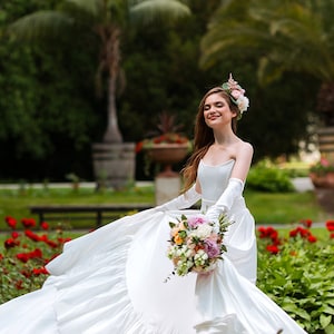 Euphoria: Trendy Wedding Dress Set With Voluminous Silk Satin Ruffle Skirt, Bridal Corset and High Satin Gloves image 5