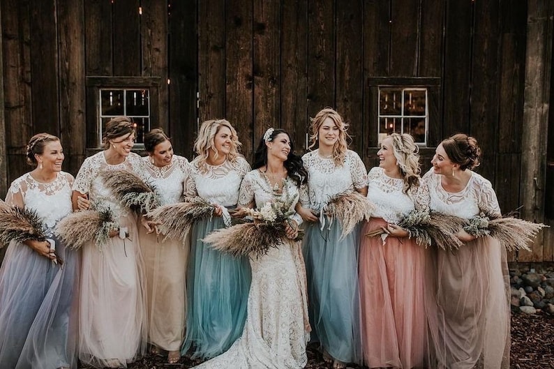 Boho-Rustic Bridesmaid Lace Tops With Long Tulle Skirts Boho Chic Bridesmaids Dresses