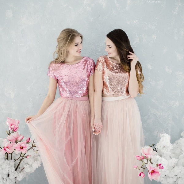 Blush Sequin Tulle Dress for Bridesmaids, Party Dress Blush Sequin Top, Prom Sequin Dress Plus Size