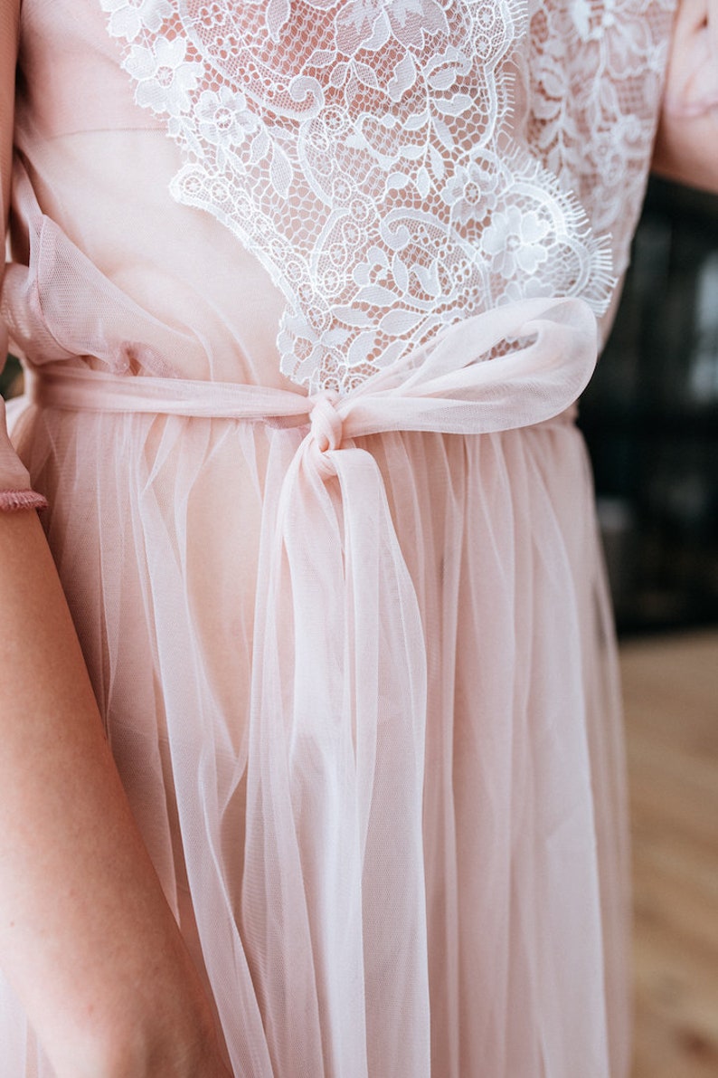 Miracle Blush Boudoir Tulle Dress, Bohemian Blush Lace Robe, Blush Tulle Boudoir Boho Gown, Lace Bridal Blush Robe Photo Shoot image 5