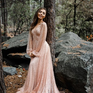 Mermaid rose gold bridal dress, rose gold wedding dress, rose gold engagement separates, two pieces transparent sheer bridal gown image 3