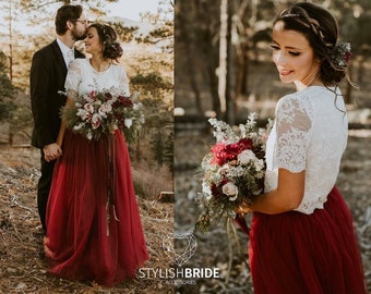 Belle Wine Dress Tulle Set Lace Crop Top with Sleeves and Tulle skirt long, Lace Crop Top, Bridesmaids Dress, Tulle Dark Red Burgundy Skirt