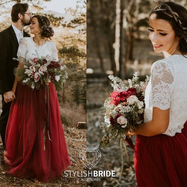 Belle Wine Dress Tulle Set Lace Crop Top with Sleeves and Tulle skirt long, Lace Crop Top, Bridesmaids Dress, Tulle Dark Red Burgundy Skirt