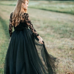 Black Wedding Tulle Dress with Hemmed Skirt Edges Bridal Boho Separates Engagement Evening Dress Albertine Lace Top and Long tulle skirt