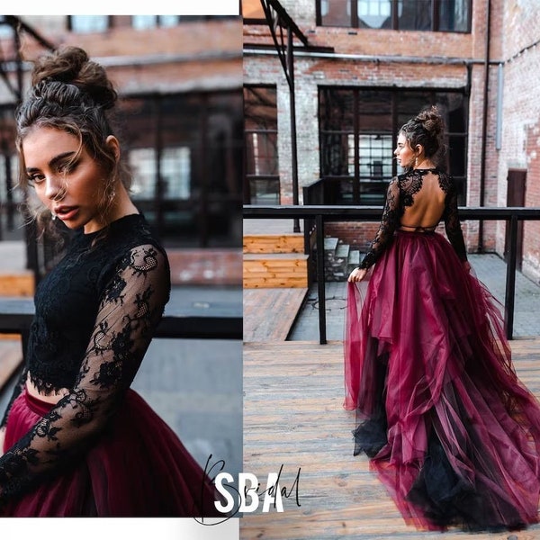 Black and Mulberry Magic Ombre Skirt and Sophia Boho Backless Top, Black Wine Wedding Dress, Black Gothic Gown, Black wedding lace top