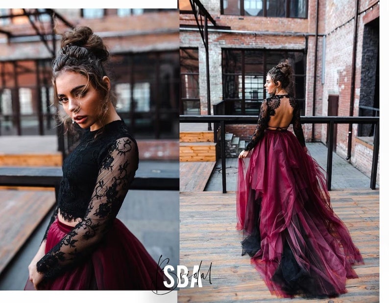 Black and Mulberry Magic Ombre Skirt and Sophia Boho Backless Top, Black Wine Wedding Dress, Black Gothic Gown, Black wedding lace top image 1