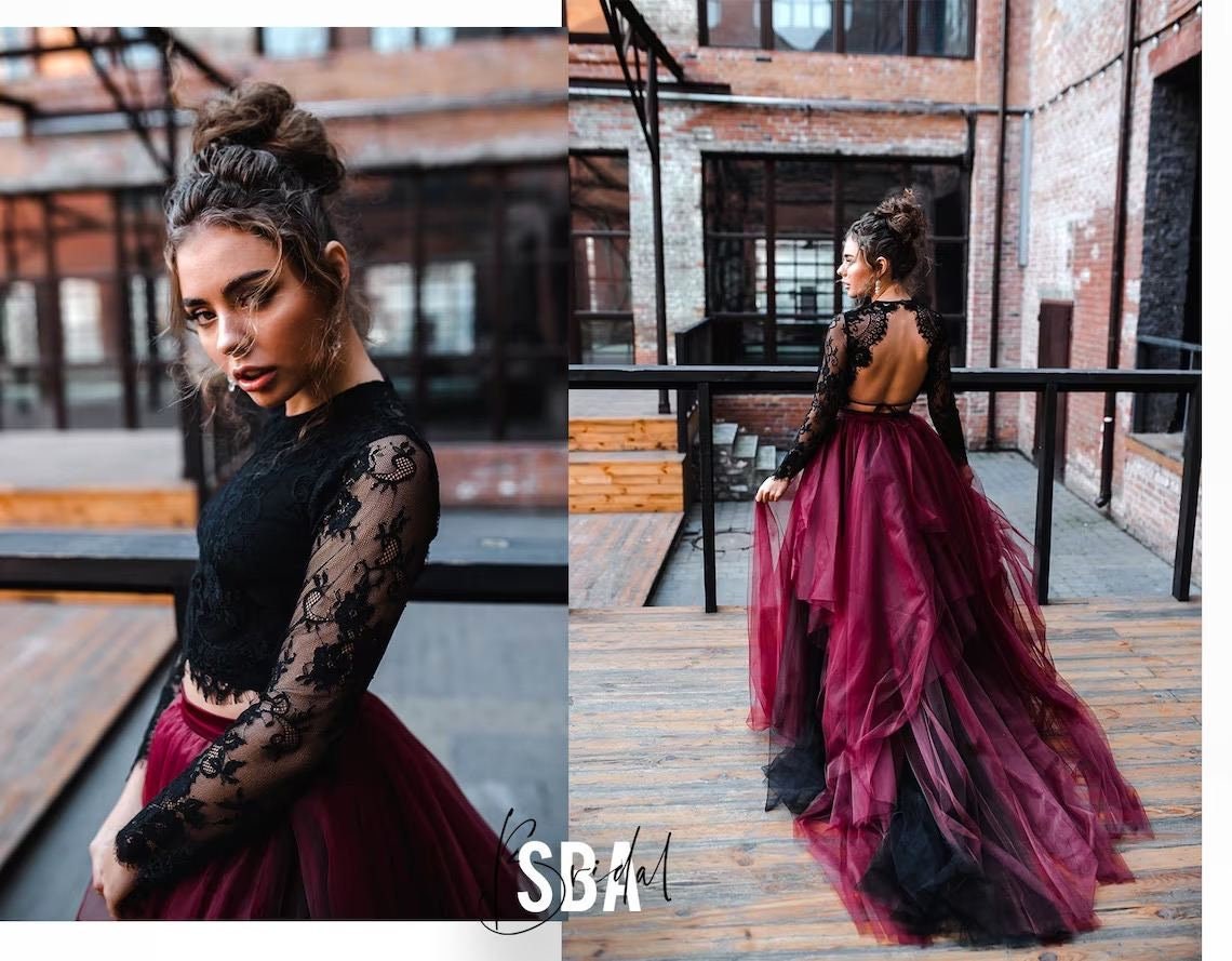 Black and Mulberry Magic Ombre Skirt and Sophia Boho Backless Top, Black  Wine Wedding Dress, Black Gothic Gown, Black Wedding Lace Top 