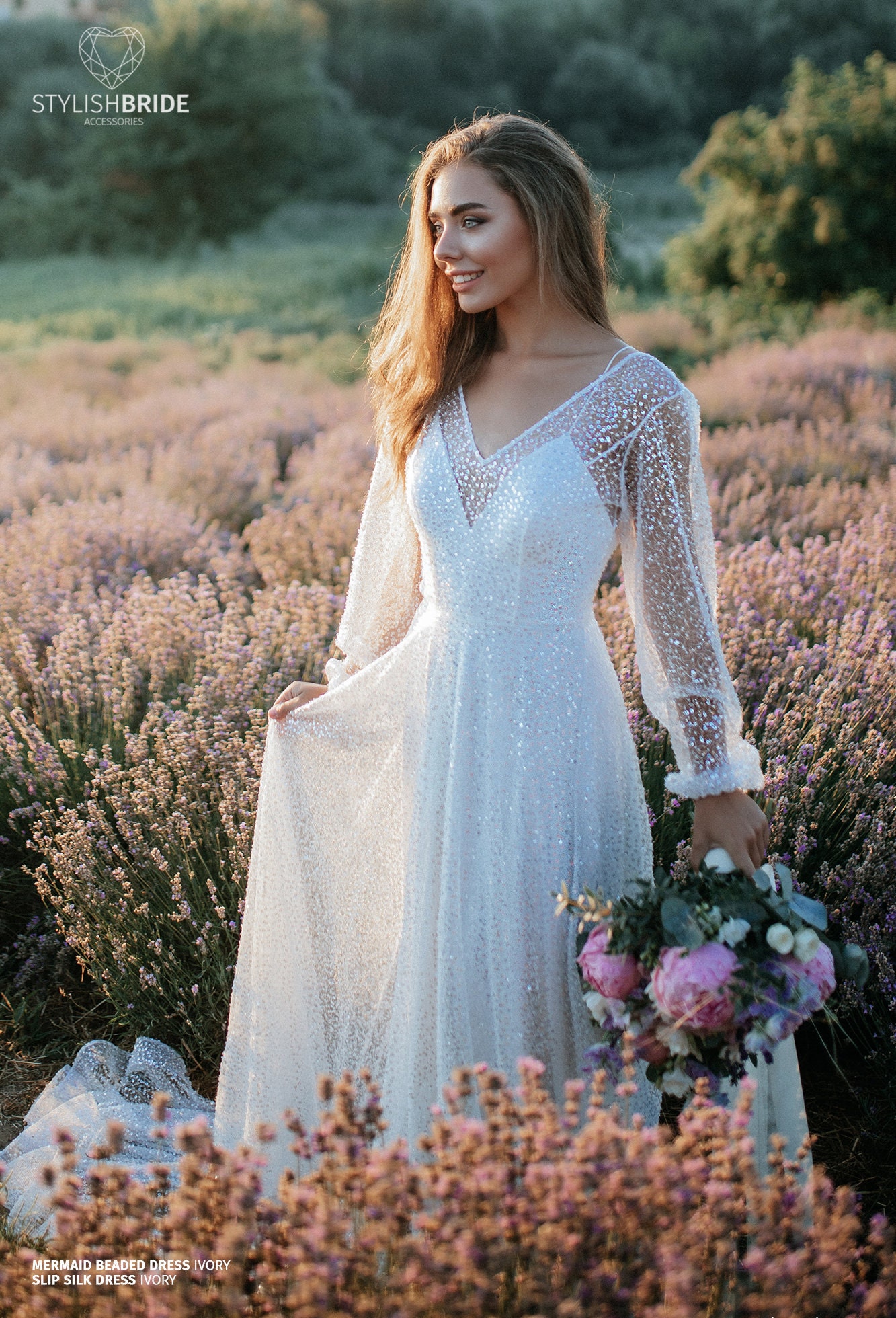 Ivory Mermaid Sequin Beaded Bridal Dress With Slip Long Silk - Etsy UK
