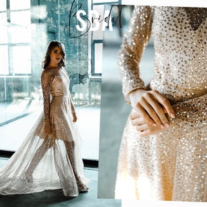 Gold Mermaid Sequin Beaded Transparent Dress, Maxi Glitter Gown Gold, Sexy Transparent Sequin Dress, Party Engagement Prom Gold Gown