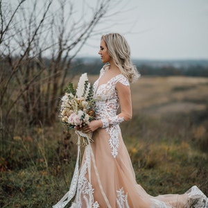 Penelope Second Skin Effect Boho Wedding Dress with Nude Underlay with Train, Champagne Nude Tulle Bridal Gown Lace Appliqués, SBA image 3