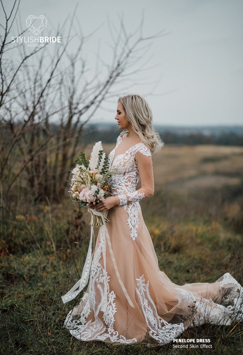 Penelope Second Skin Effect Boho Wedding Dress with Nude Underlay with Train, Champagne Nude Tulle Bridal Gown Lace Appliqués, SBA image 3