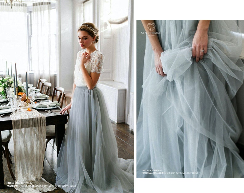 Boho tulle wedding separates, Bridesmaid dresses, Bridal two pieces dress, bridesmaid skirt with top, Plus size dusty blue tulle skirt 