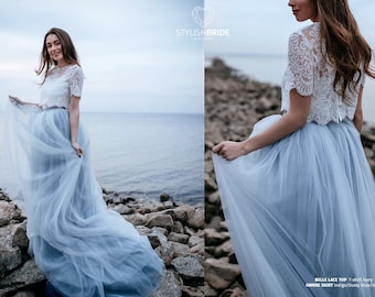 Dusty Blue & Indigo Storm Ombre Wedding Tulle Dress, New Trendy Blue Sea Bridal Gown,   Wedding Blue Dress