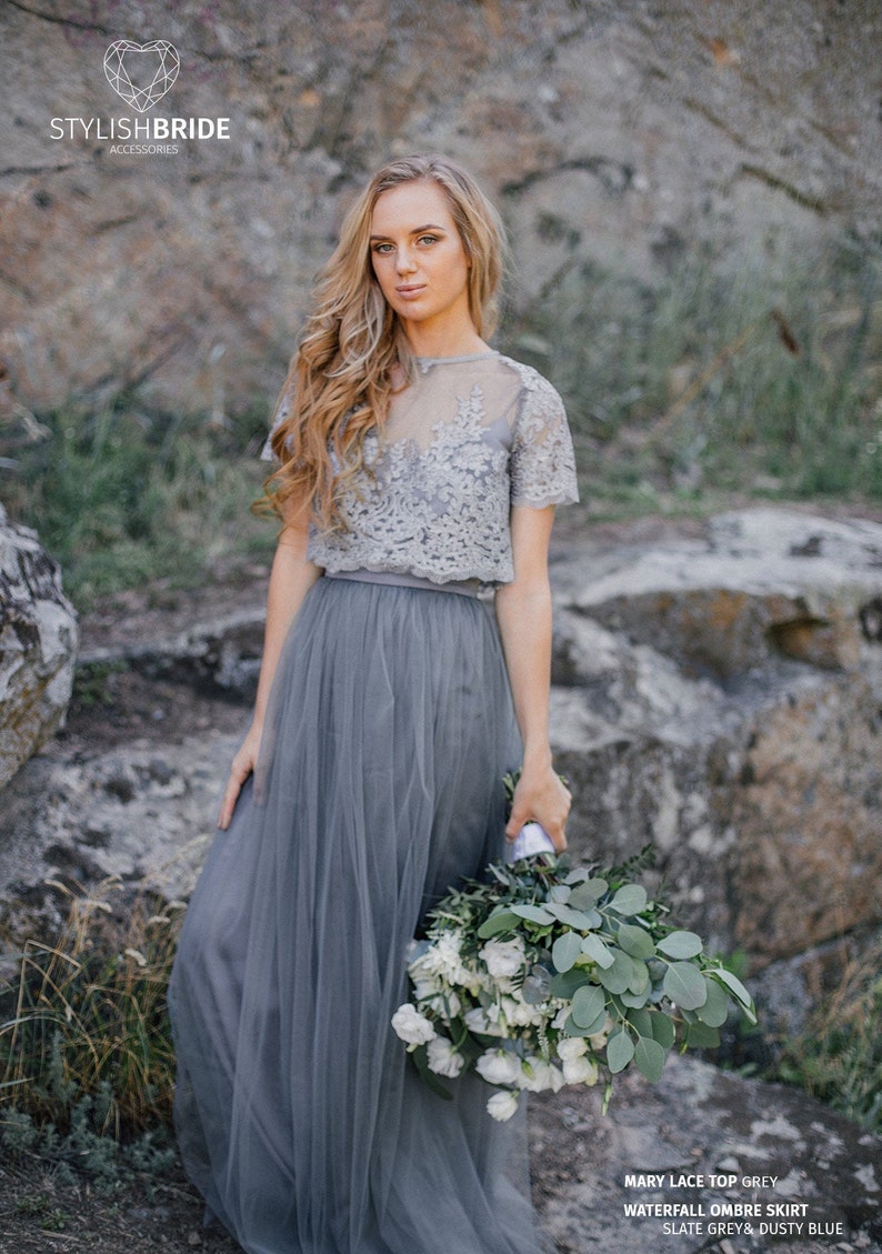 Ombre Slate Grey&Dusty Blue Mary Dress, Long Grey Waterfall Bridesmaids or Engagement Skirt, Prom Lace Dresses Plus Size Dark Grey 