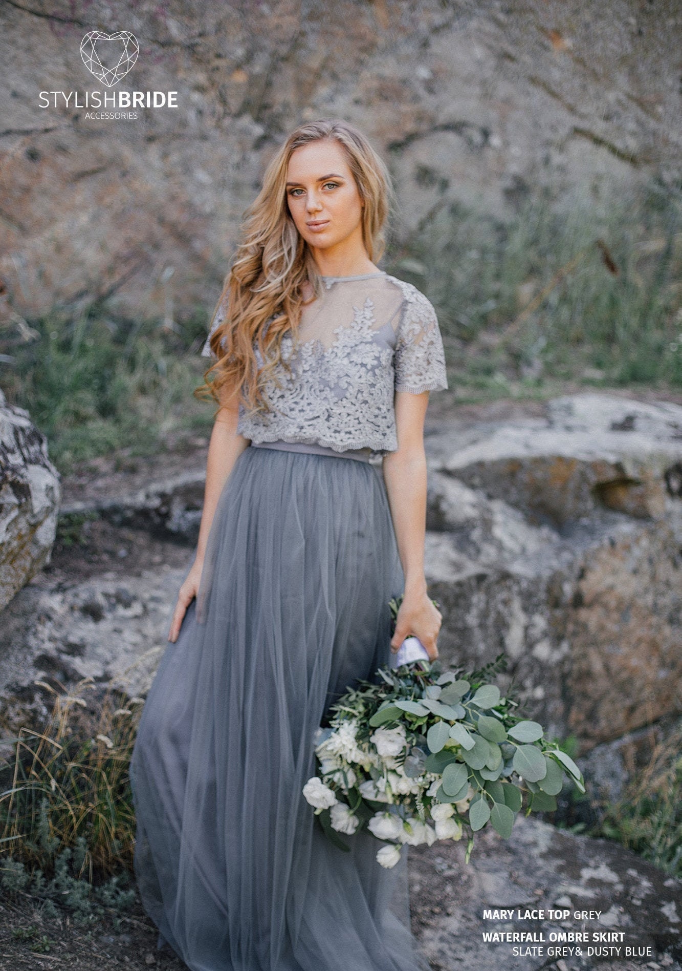 Blue grey wedding gown with hand-cut floral and crystal embroidery | Cathy  Telle