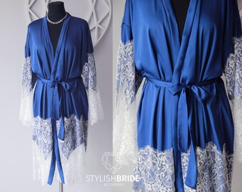 Royal Blue Bridal Silk Robe with Lace, Gorgeous Silk and Lace Bridal Robe, Blue Silk Wedding Robe, Lace Sleeve Robe, Blue Lace Robe